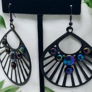 Black Fan-Shaped Dangle Earrings with Iridescent Rhinestone Accents
